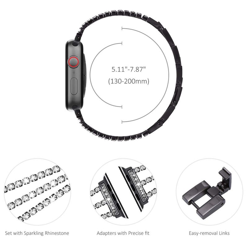 NewWays Compatible for Apple Watch Band 46mm Series 11 10 9 8 7 45mm 44mm SE Series 6 5 4 3 42mm(Series3), Sparkling Bling Diamonds Bracelet for iWatch Band Womens, Black - Image 3